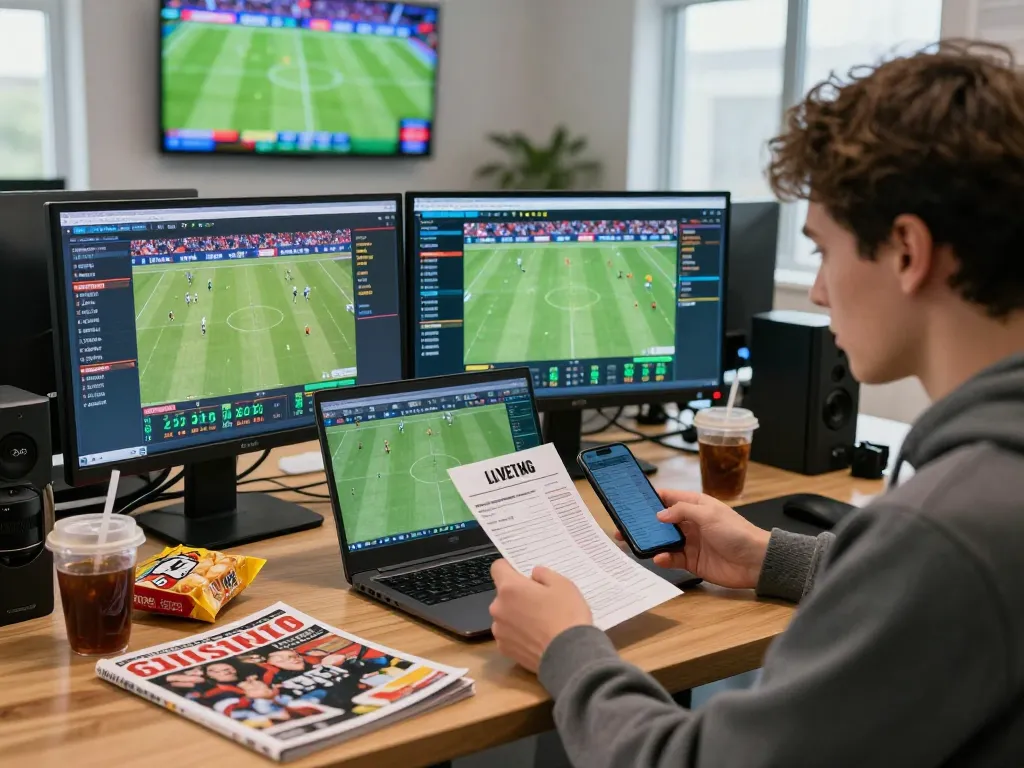 Engaging in kèo nhà cái trực tuyến with multiple screens displaying live betting odds and football statistics in a modern setup.