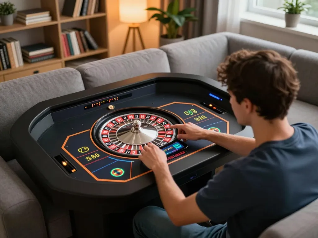 Player engaged in online gaming at luck8 com app, highlighting strategic roulette action in cozy living room.