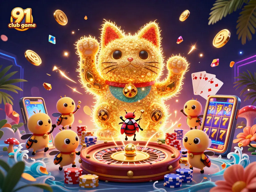 Engage with the vibrant 91 club game, featuring golden fireflies and dynamic casino symbols.