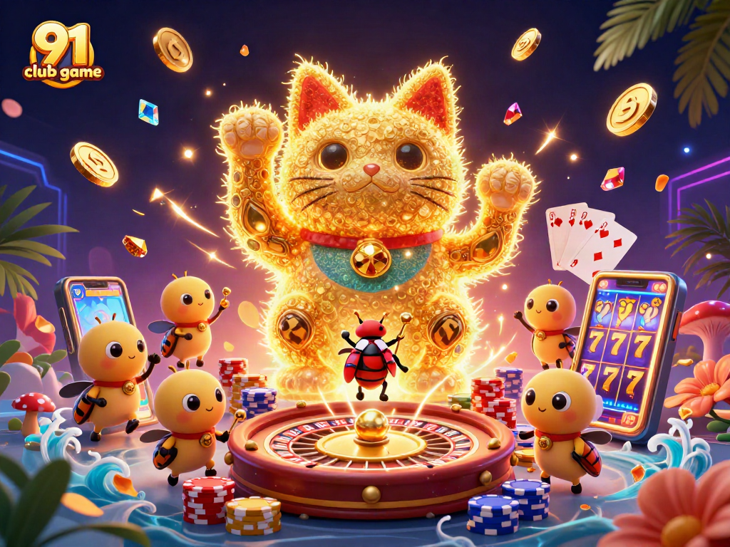 Engage with the vibrant 91 club game, featuring golden fireflies and dynamic casino symbols.