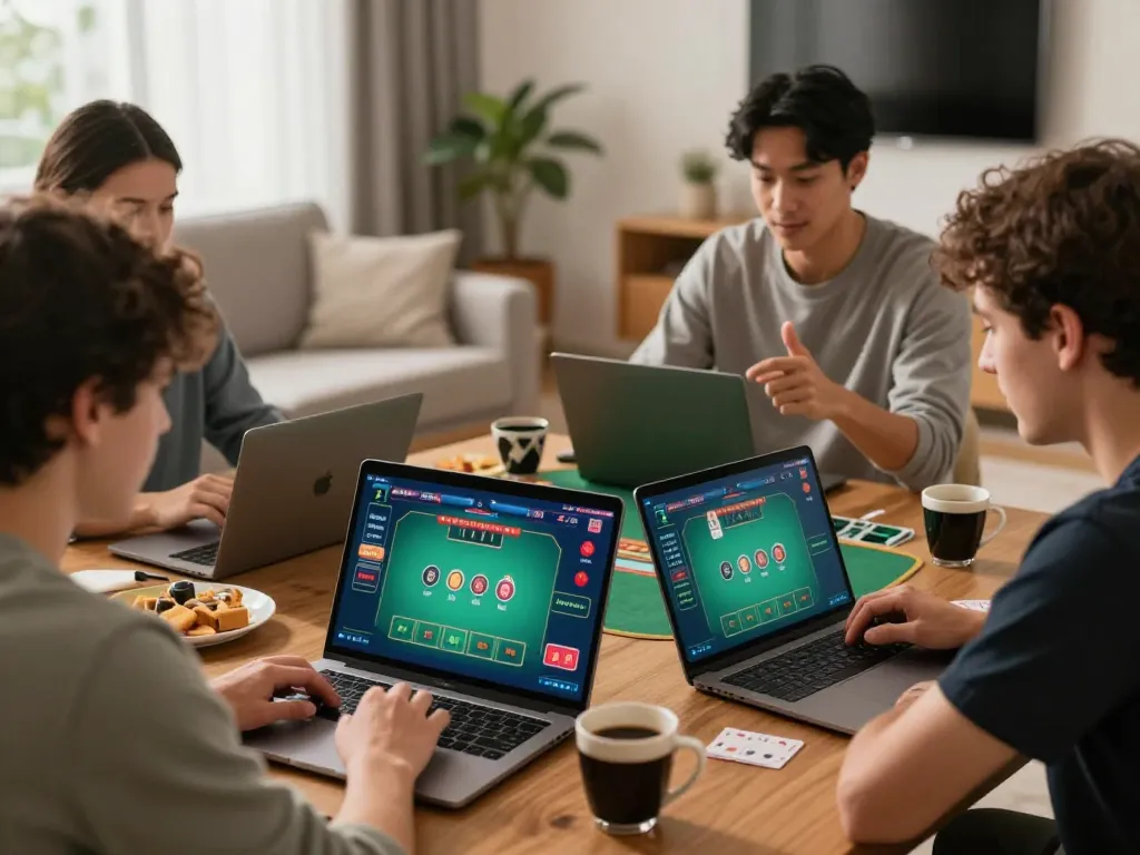 Players enjoying their luck8 online blackjack game in a cozy home setting.