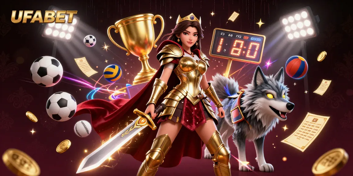 Bet on UFABET with a vibrant, dynamic illustration showcasing sports elements and thrilling energy.