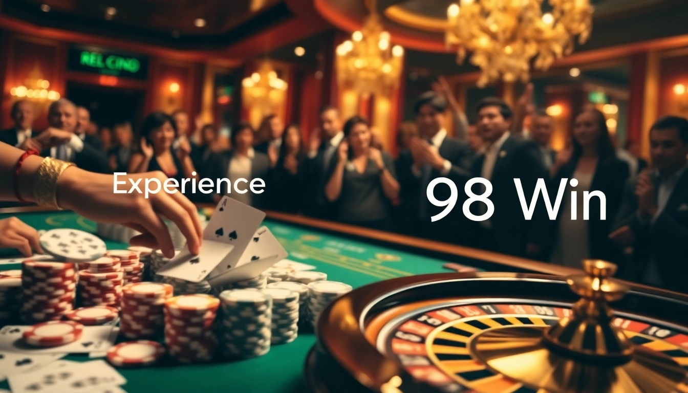 Engaging casino scene featuring 98 Win poker chips and roulette, conveying excitement and luxury.