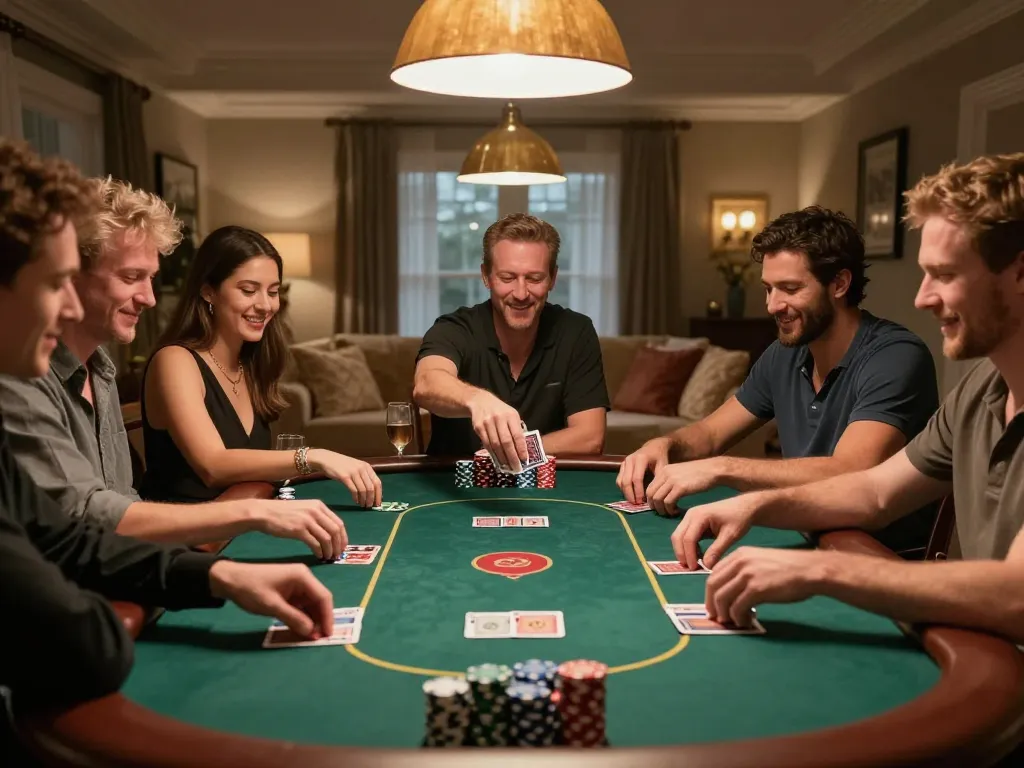 iwin club poker night with friends enjoying a winning hand around a private table.