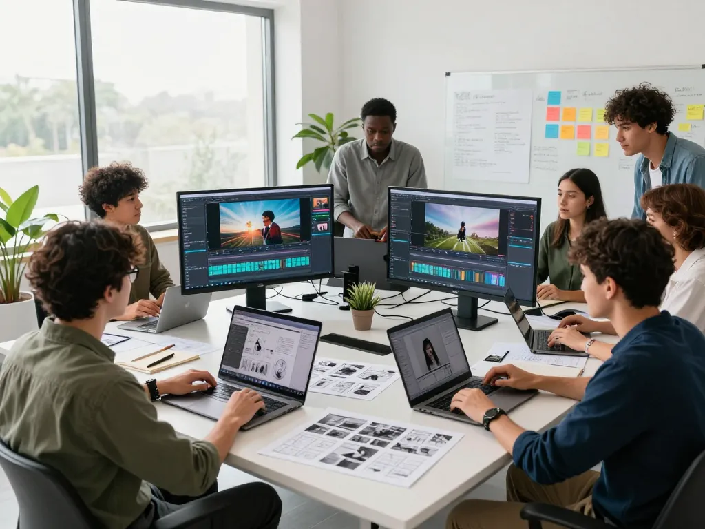 Creators using seedance 2.0 in a modern video production studio, showcasing teamwork and advanced technology