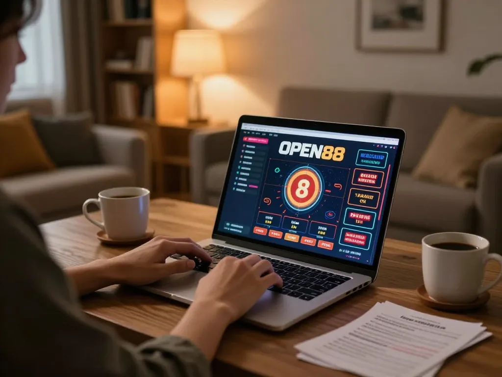 Engaging in online gambling at home using OPEN88 platform on a laptop with cozy ambiance.