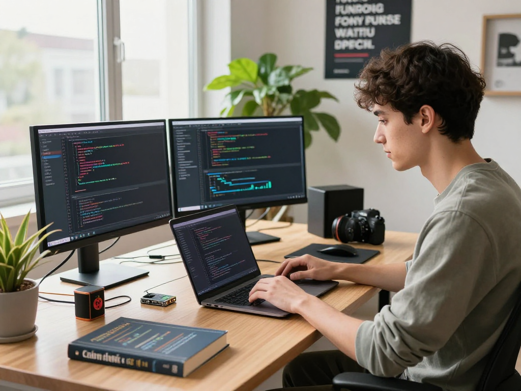 Software developer coding in a bright workspace, showcasing innovation in tech industry with ia +18 elements.