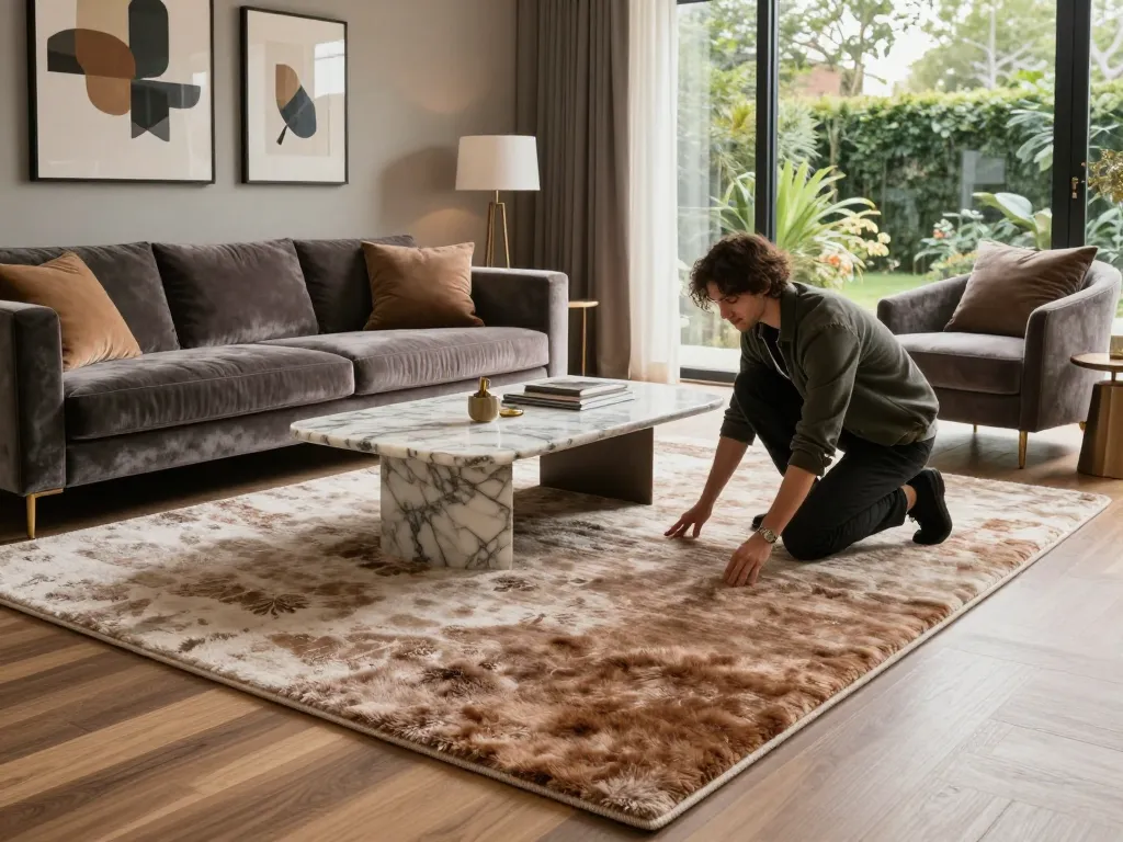 Couple arranging luxury carpets London in an elegant living room with chic furniture.