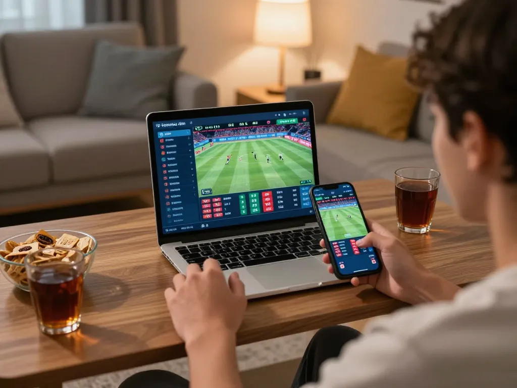 Engaging sports betting at https://lucky88.sbs/ with live odds displayed on laptop and smartphone in a cozy setting.