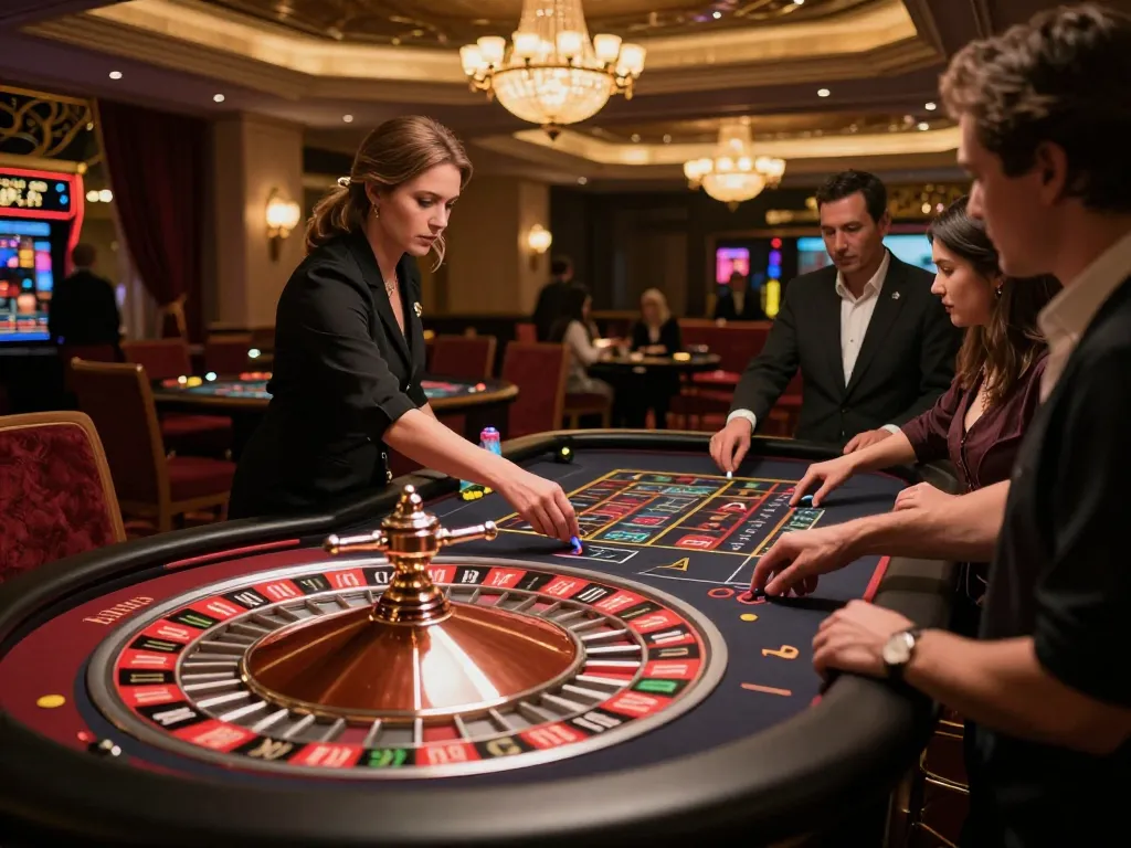 79KING players strategizing at an upscale roulette table in a luxurious casino setting.
