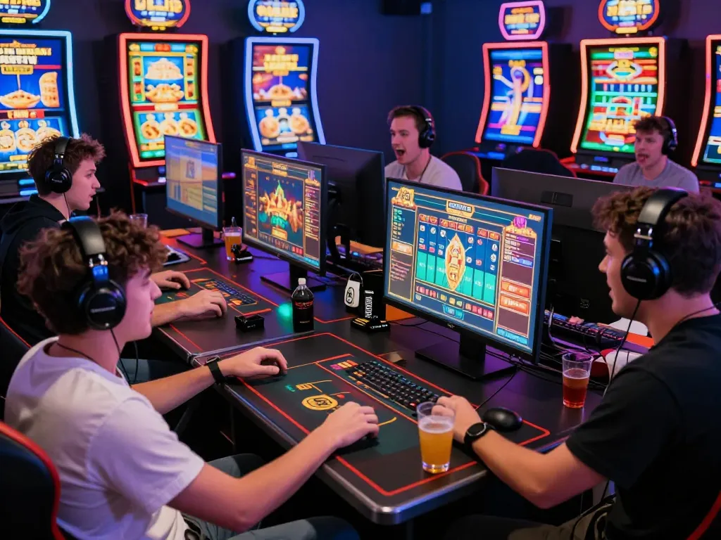 Exciting online gaming session at https://max79.guru/ with players immersed in vibrant casino games and colorful screens.