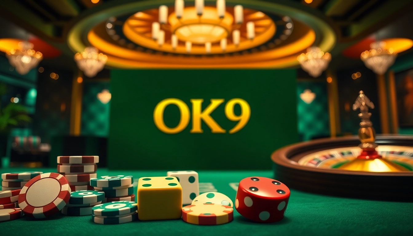 Experience thrilling gameplay at OK9 casino with vibrant poker chips and roulette wheel.