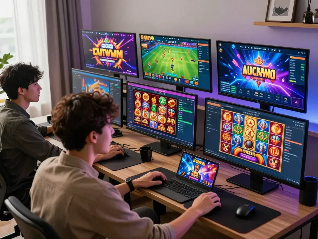 Excited players enjoying the Luckywin gaming experience on multiple devices with vibrant graphics and engaging atmosphere.