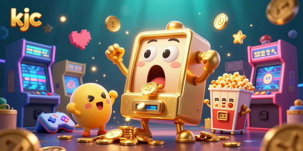 Experience a lively casino scene with kjc, where a golden slot machine wins a jackpot, surrounded by cheering mini slots.