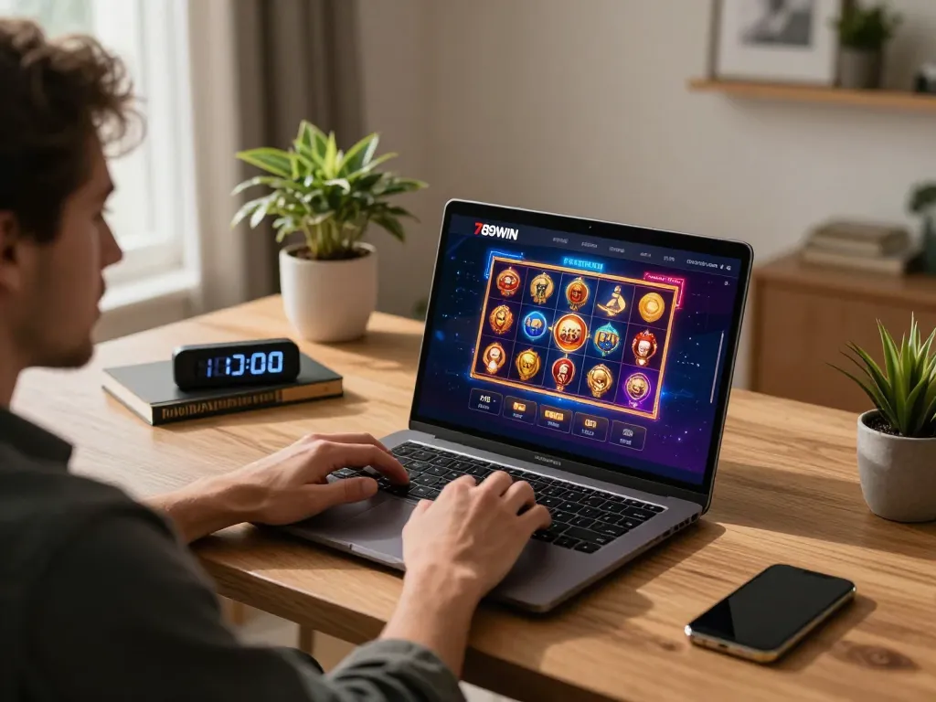Engage in dynamic online gaming at 789WIN, showcasing vibrant graphics and a cozy home office.