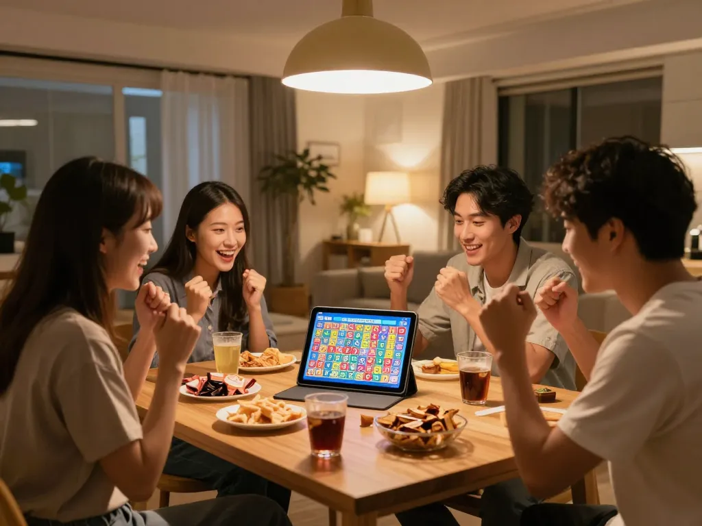 Checking live 9 Lotto 4D results on tablet while friends celebrate in cozy home.
