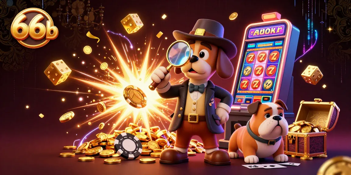 66b gaming detective exploring a treasure with vibrant casino elements soaring around.