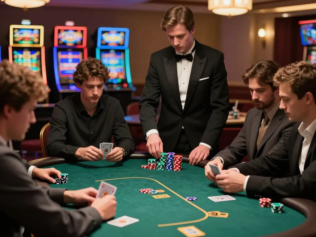 Intense poker gameplay at stepballl's vibrant casino table with players engaged and dealer managing bets