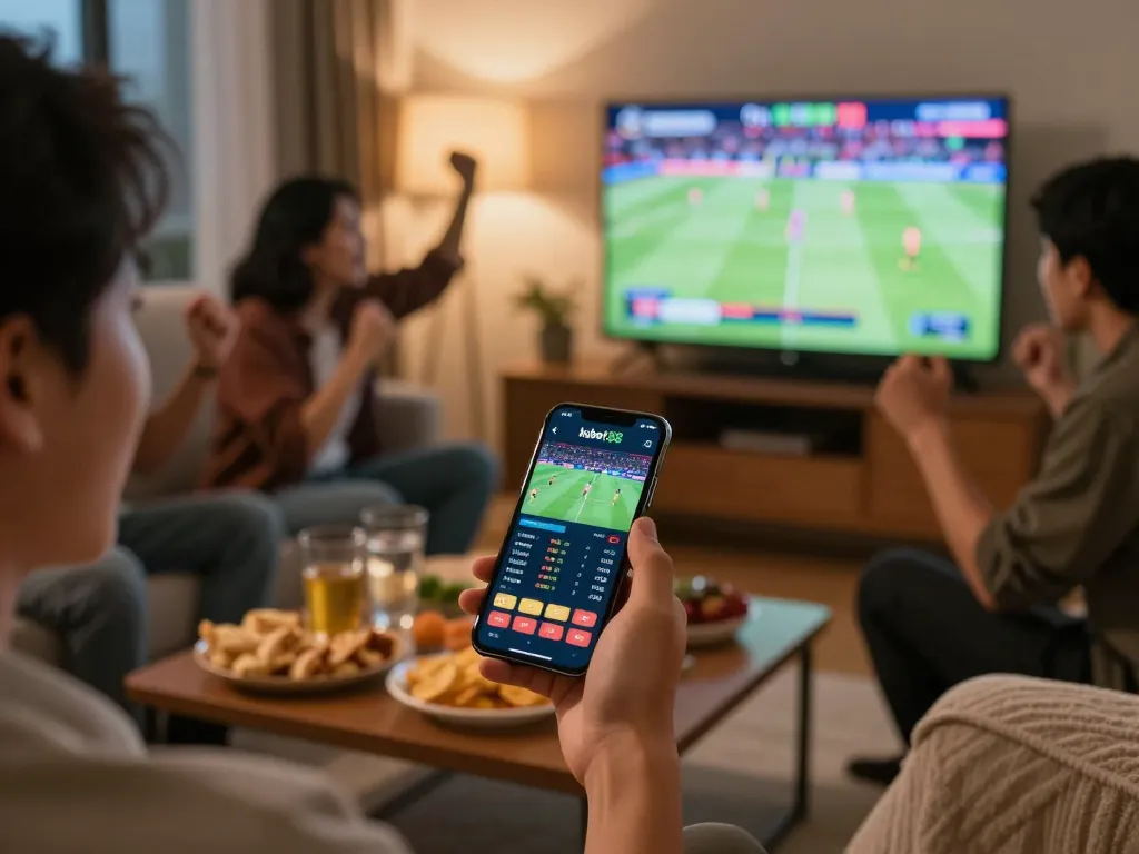 Engaged bettors using kubet88 app for online sports betting during an evening match.