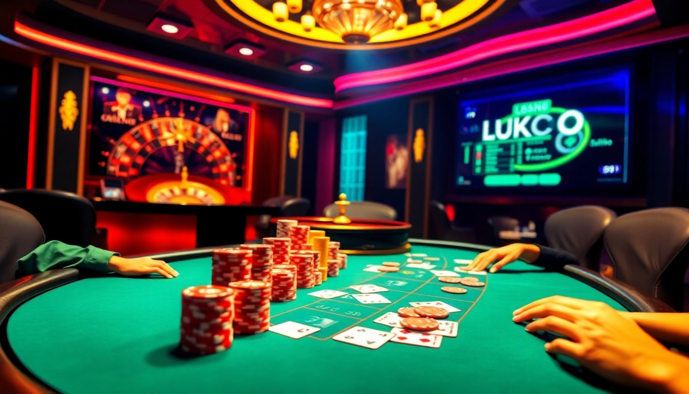Luck8 offers a thrilling poker experience at a vibrant casino table with chips and cards.