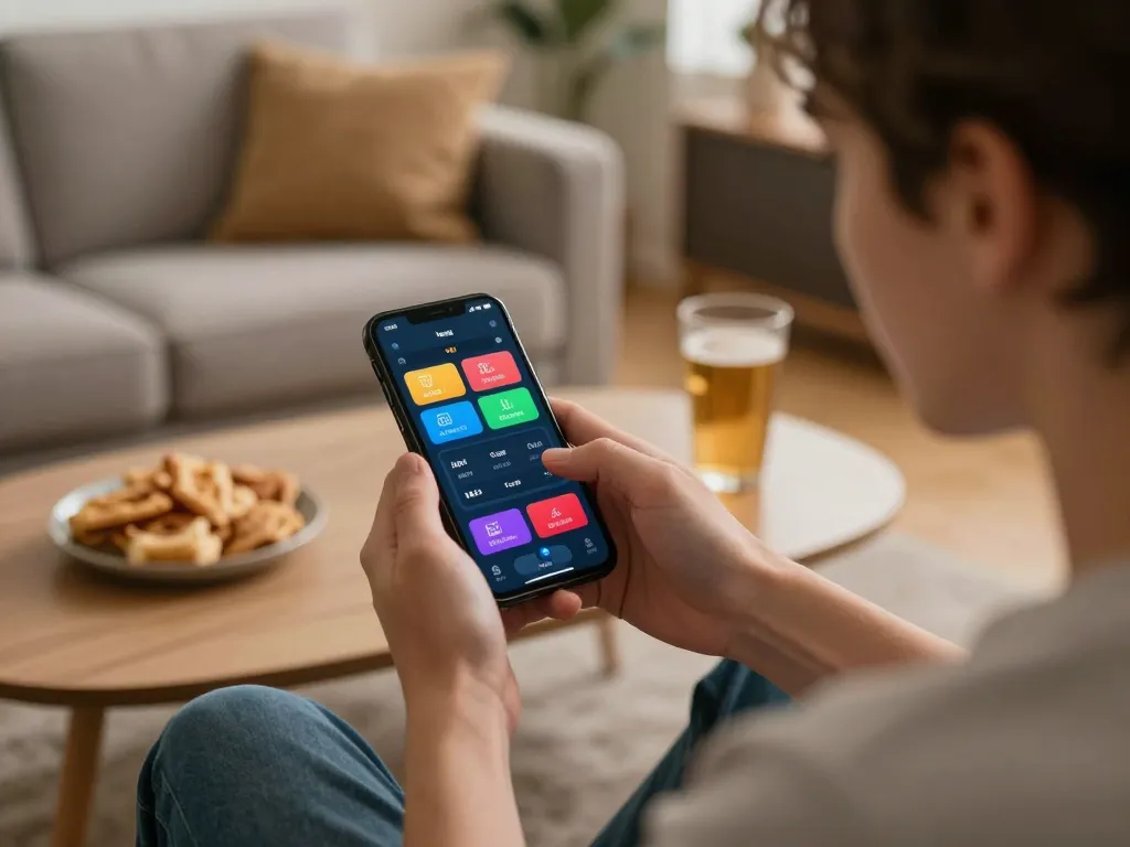 Person analyzing kqbd scores on mobile app during sports betting, cozy home setting