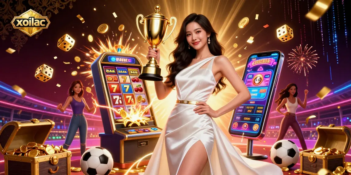 Xoilac showcases an Asian woman triumphantly holding a trophy amidst vibrant sports betting elements.