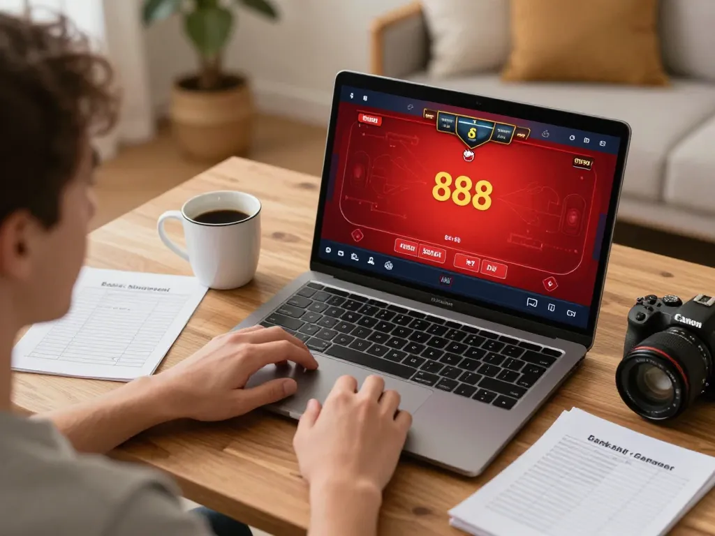 Player strategizing during a red888 online poker game, engaging gameplay atmosphere with warm home lighting.