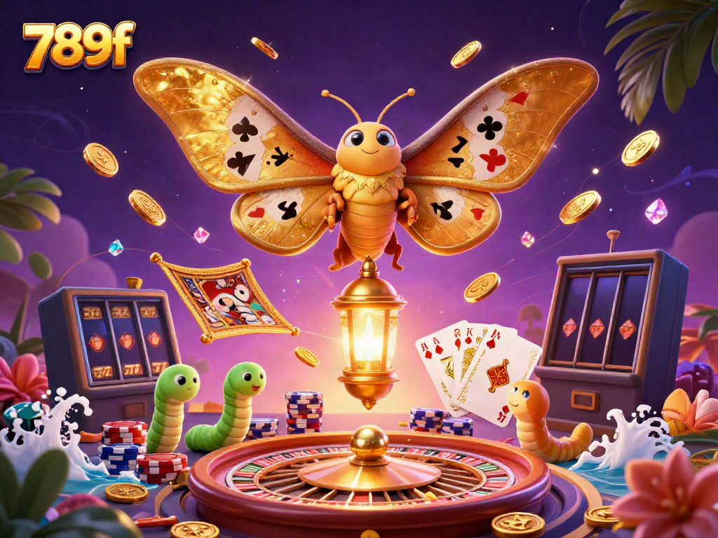 Experience the thrilling action of 789f with vibrant casino elements including a majestic moth, spinning roulette, and sparkling coins.