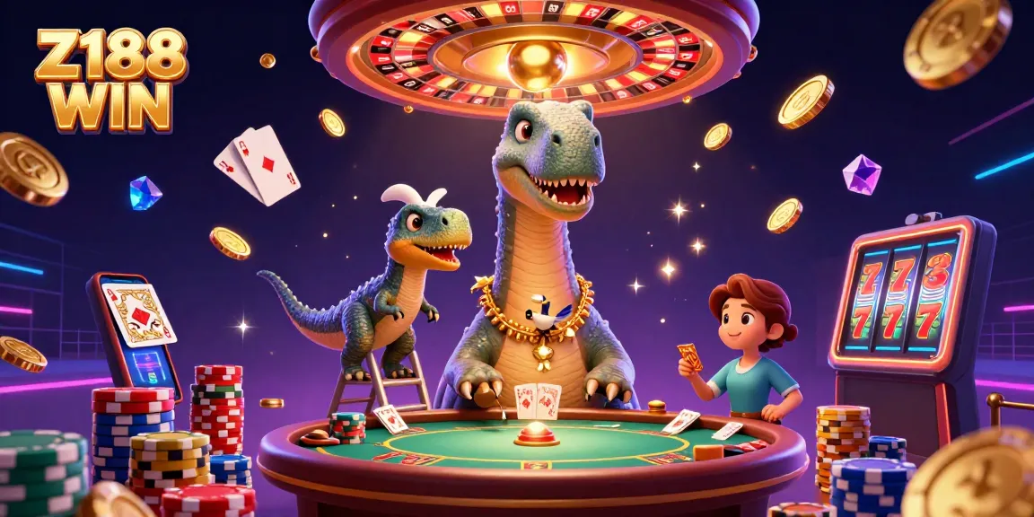 Z188 WIN showcases a dynamic scene with a brontosaurus in a casino, cards dealt, and coins flying.
