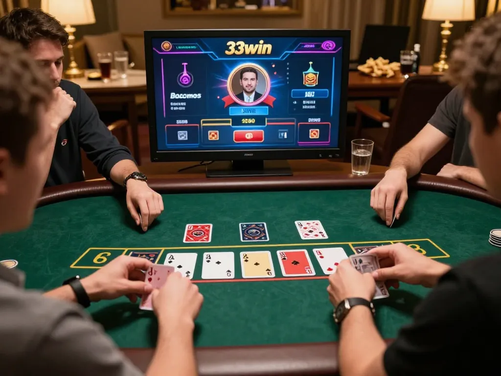 33win player placing strategic bets in a live Baccarat game, showcasing immersive online gambling.