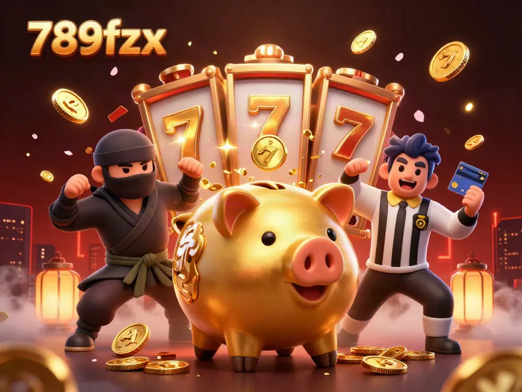 Engage with 789fzx's exciting casino atmosphere featuring a golden piggy bank sumo wrestler and a wallet ninja.