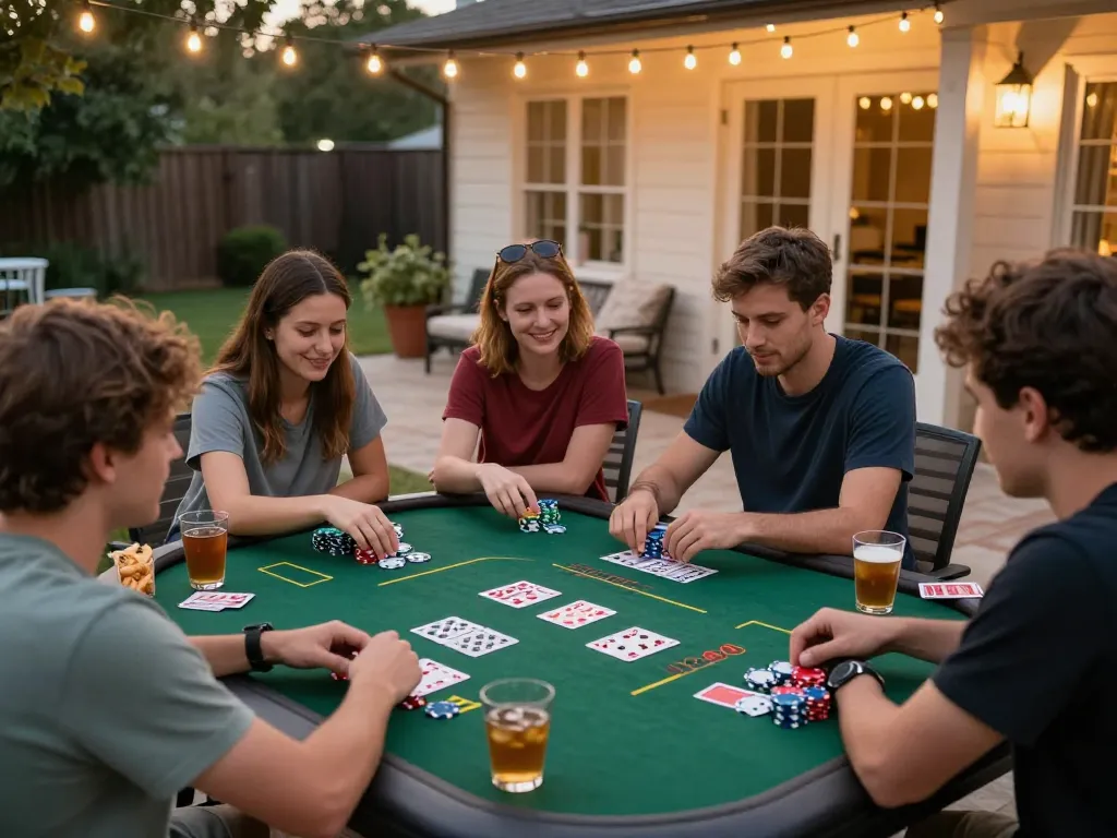 Engaged friends playing Texas Hold'em at home, reflecting a luckywin casino vibe during a friendly game night.