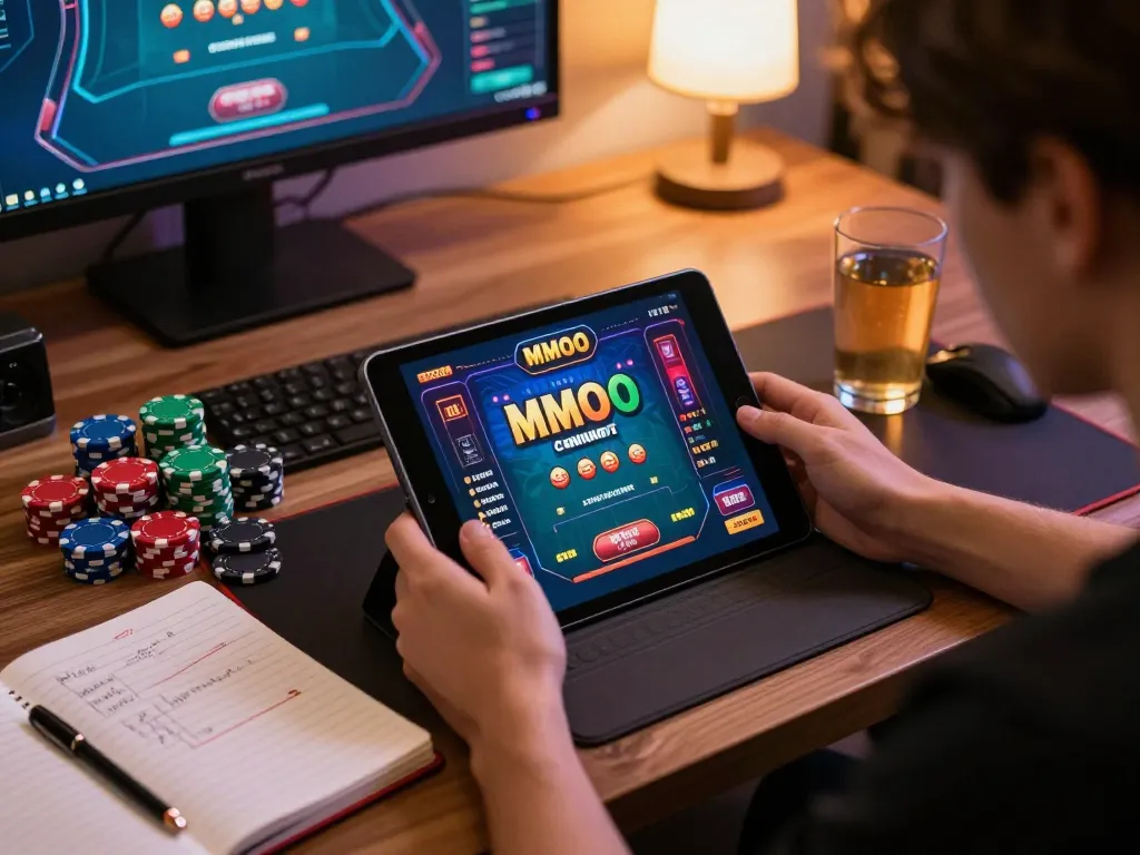 Engaging session of online gaming with MMOO casino app visible on tablet, showcasing dynamic betting activity and strategy.