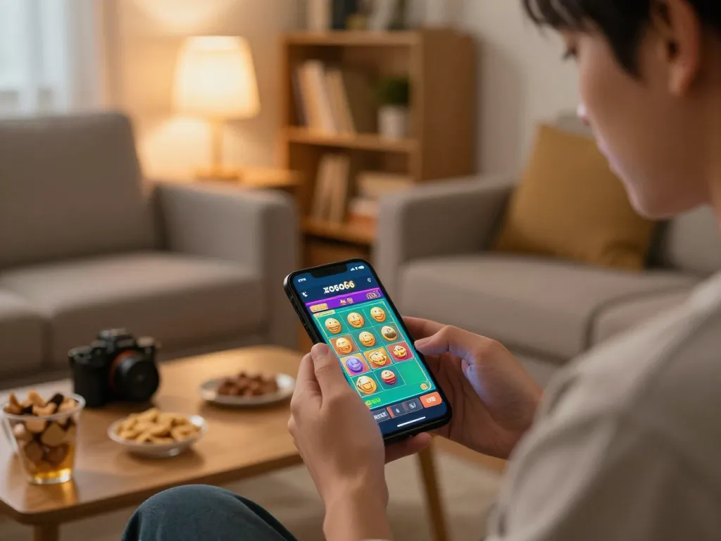 Engaging with app xoso66 on smartphone, enjoying online gambling at home.