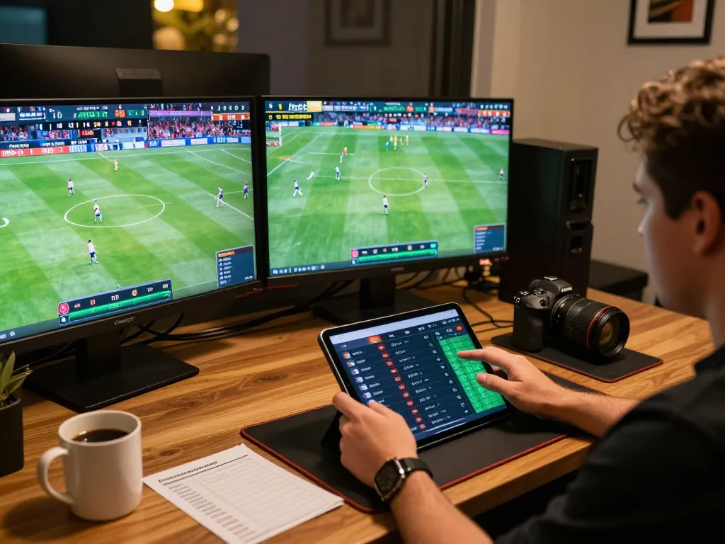 Engaged gambler analyzing keobongda betting app on tablet while enjoying a sophisticated sports betting setup