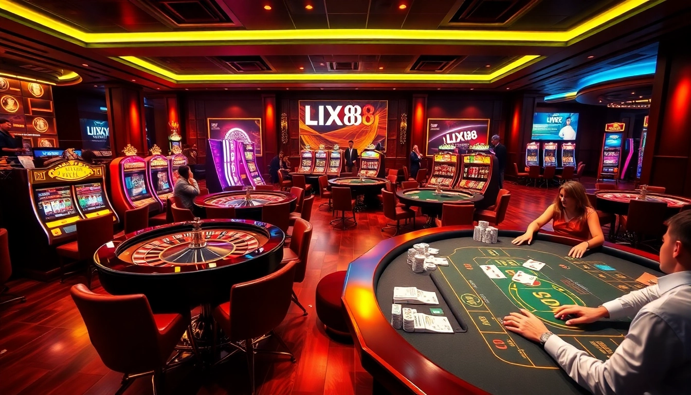 LIXI88 players enjoying an exciting game at a modern online casino with vibrant roulette and poker tables.
