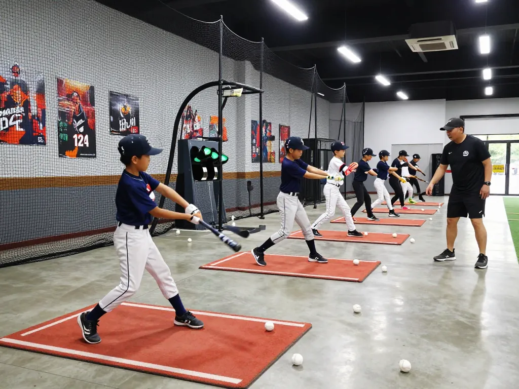 Young athletes training at batting cages in hitclub facility, focused on skill development and teamwork.