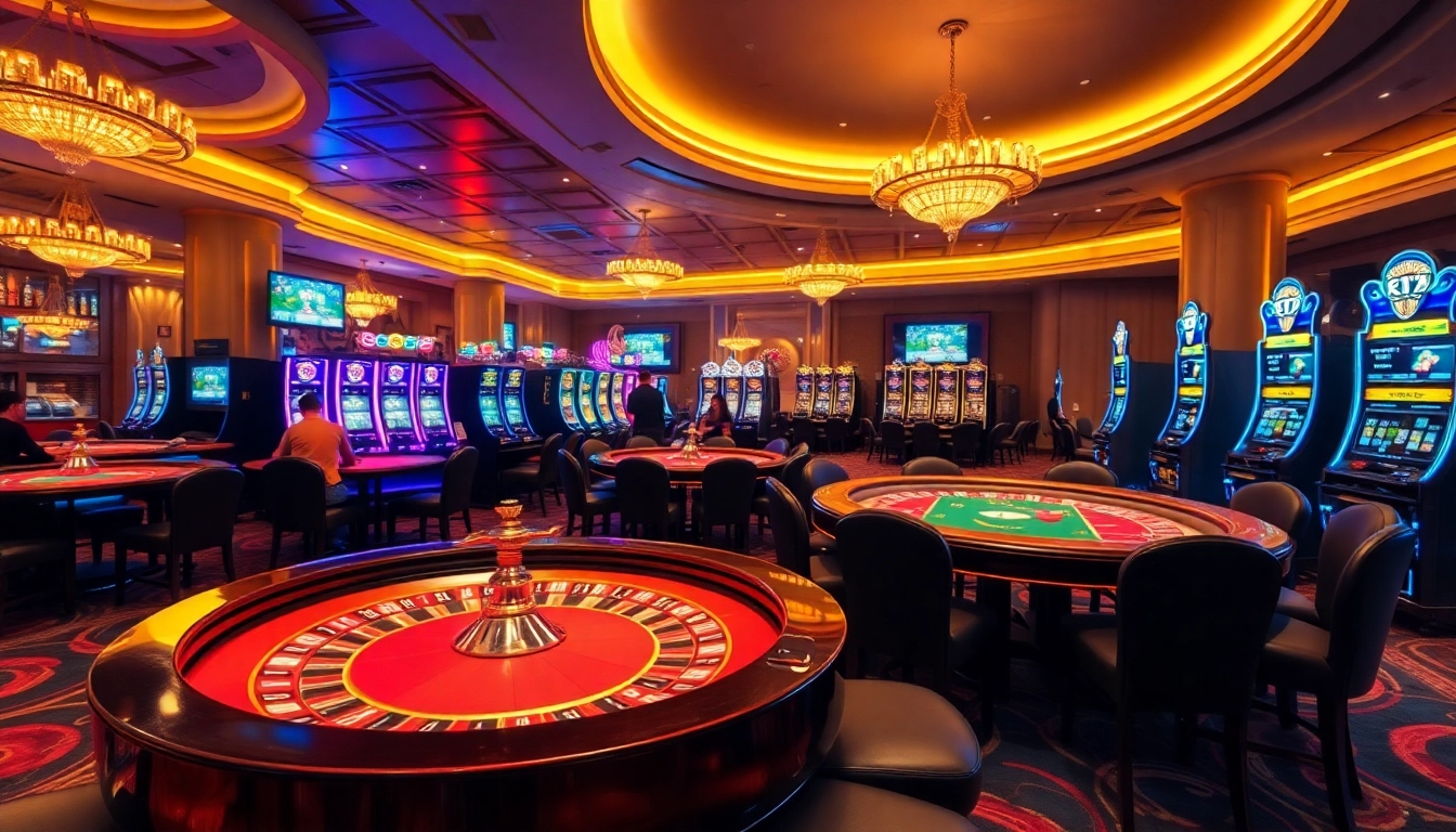 Players enjoying games at https://kuwinblog.com/ with vibrant poker tables and shining slot machines.
