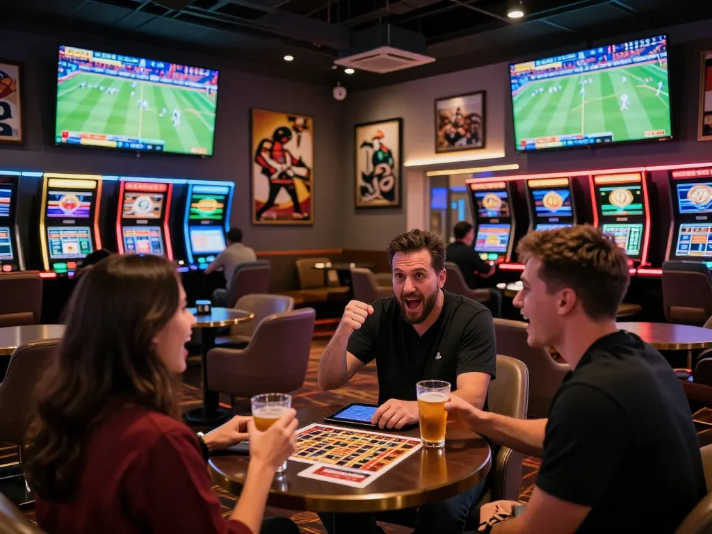 Excited bettors enjoying sbobet sports betting experience at an upscale casino lounge
