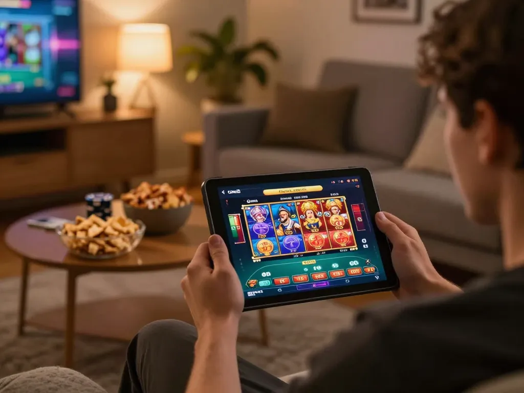 Engaging at home with Game open88 on a tablet, showcasing vibrant online slots and poker.