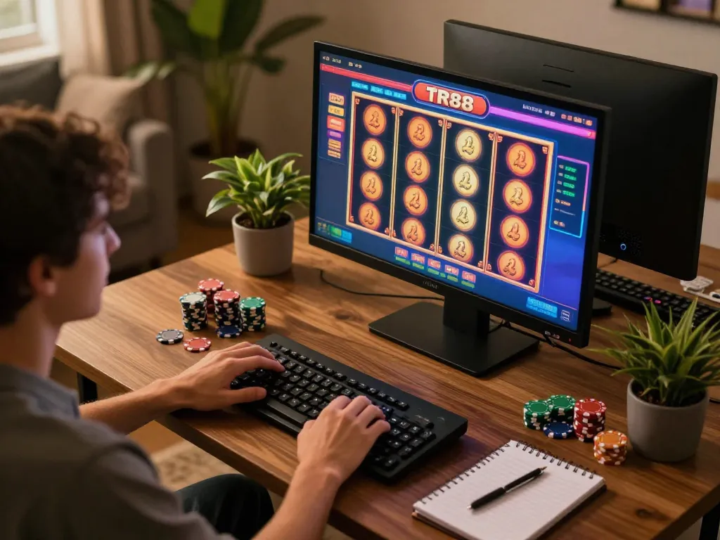 Engaging gameplay on TR88 slots with vibrant reels in a cozy gaming setup.
