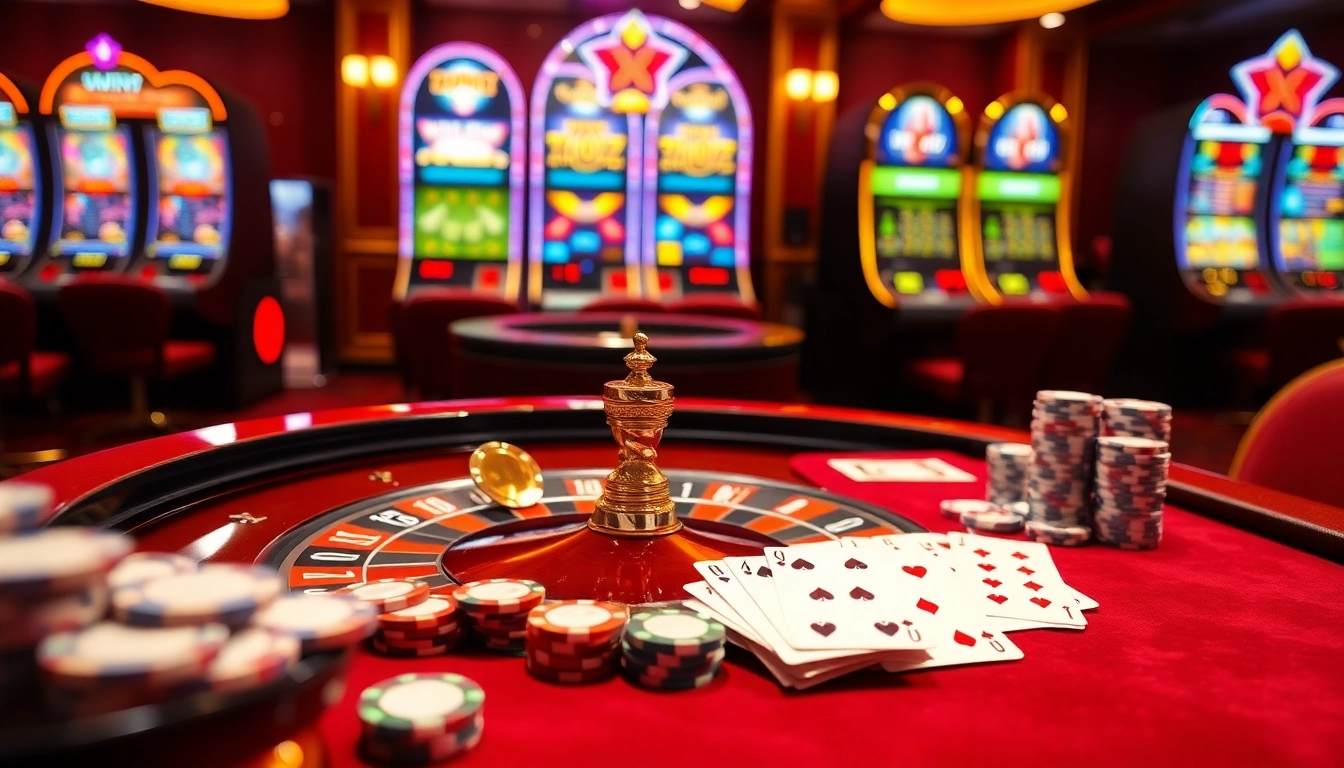 Experience the excitement of link 888VND with a vibrant casino scene featuring roulette, poker, and slot machines.