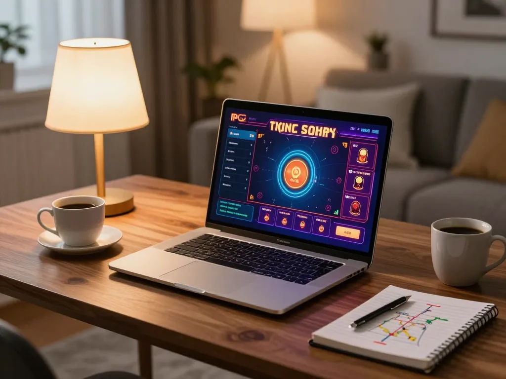 sunwingo player strategizing with laptop and notes at cozy home gaming setup