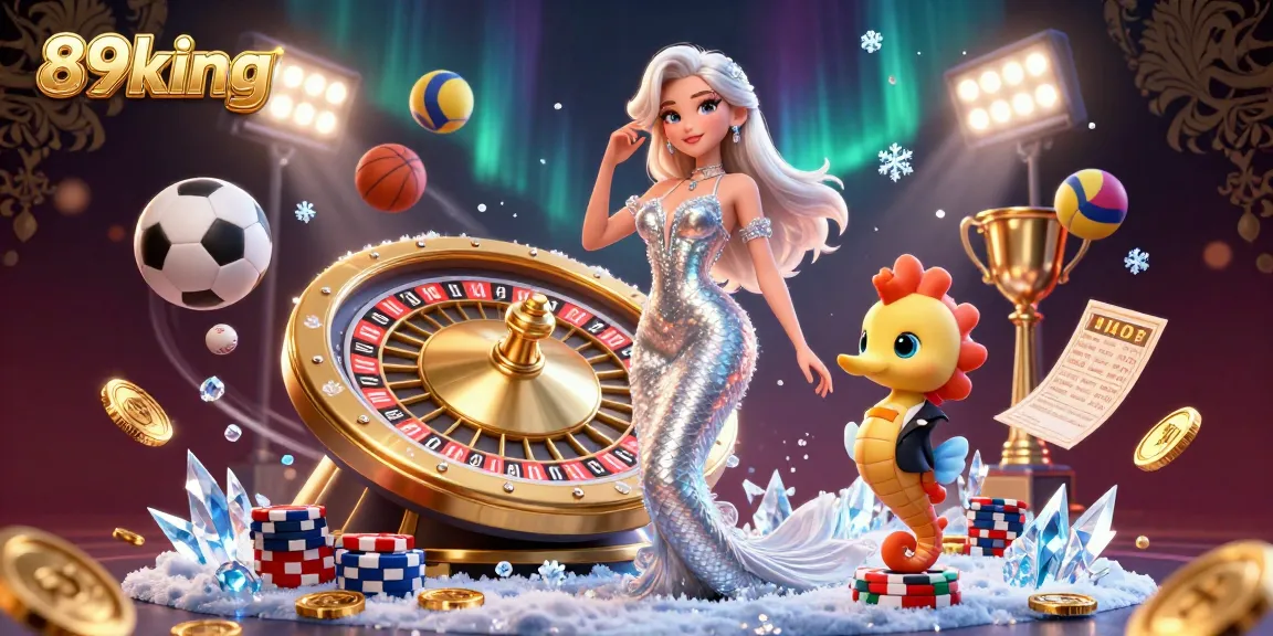 Engage with 89king's thrilling casino experience featuring a glamorous woman by a roulette wheel amid sports excitement.