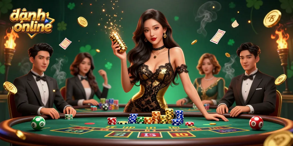 Bet on đánh đề online, an elegant woman with golden casino chips at a vibrant VIP table.