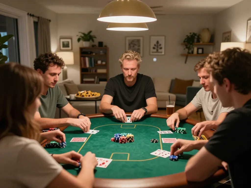 Strategic home poker night with active gameplay at https://sin88.expert/, players engaged around the table with chips and cards