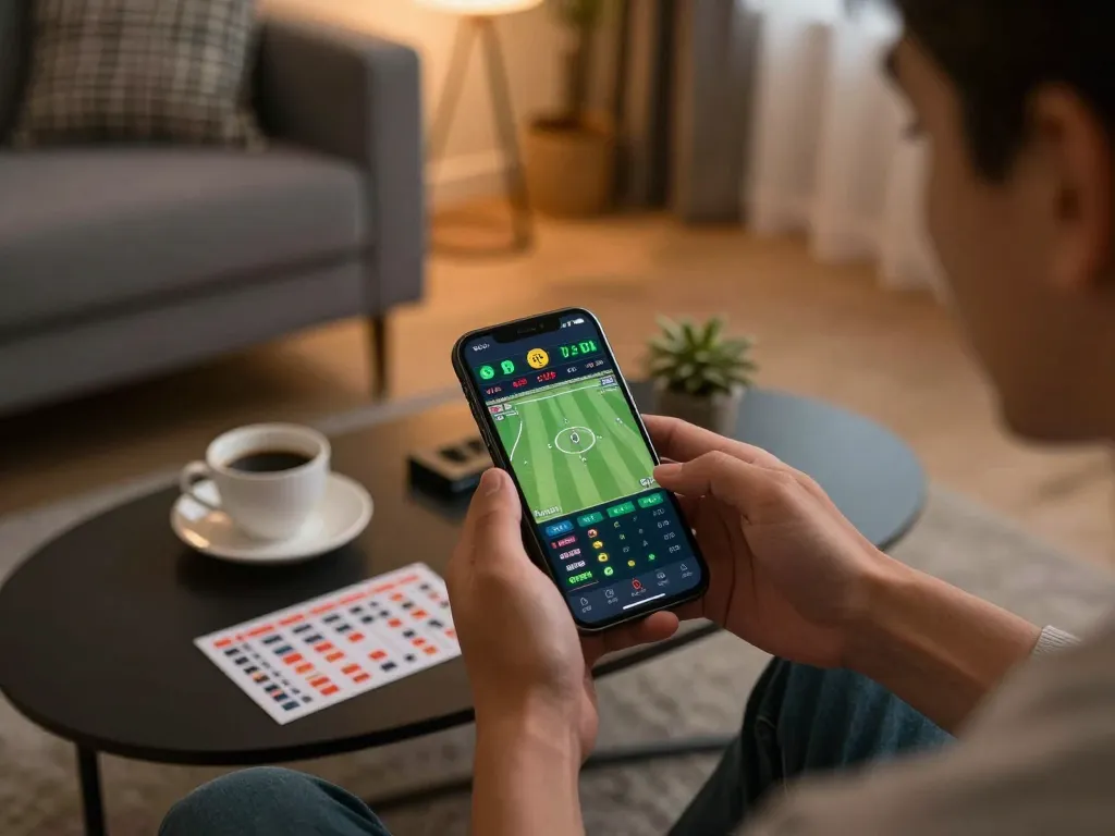 Betting on vsbet using a smartphone in a cozy living room, displaying live odds and game statistics