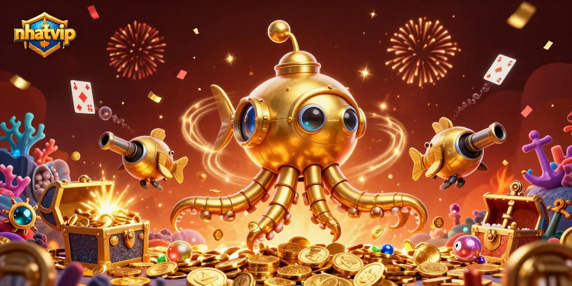 Nhatvip offers an exciting underwater casino experience with a golden kraken and treasure chests!