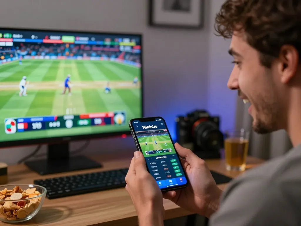 Player engaging with Winbd.io mobile app for exciting sports betting action.