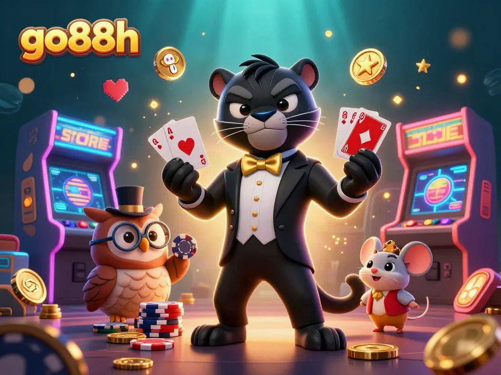 Experience thrilling moments with go88h as a stylish black panther deals cards amidst lively casino elements.